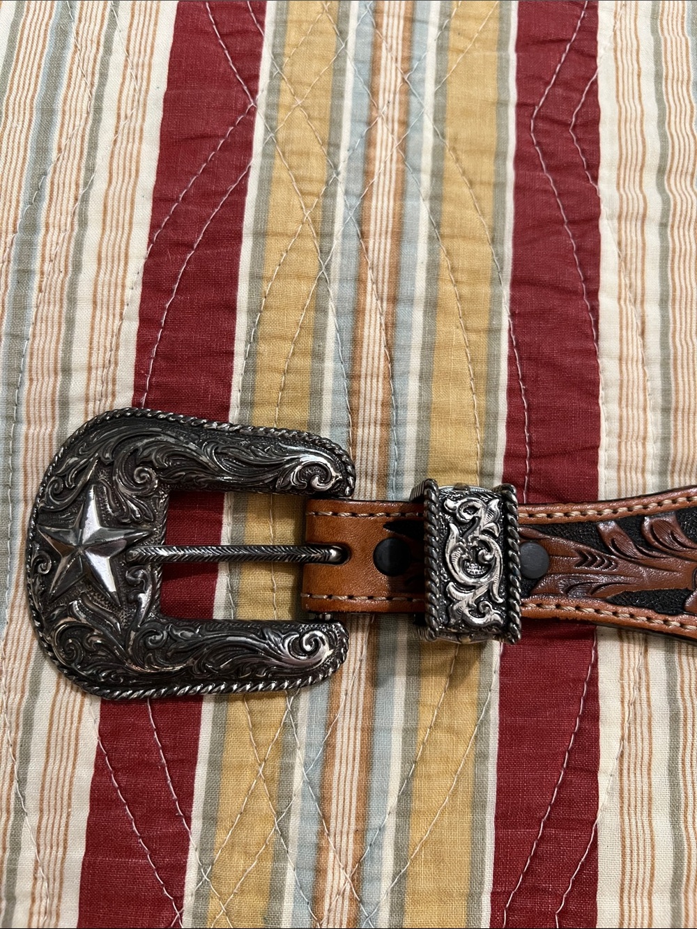 Justin Boots Brown Leather Western Belt with Ornate Silver Buckle